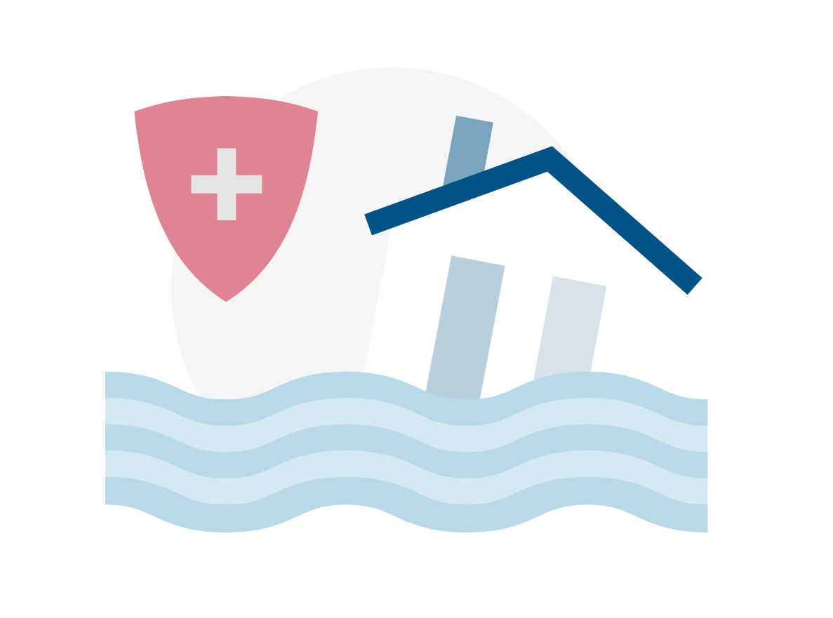 Illustration of a home in a flood with a health shield