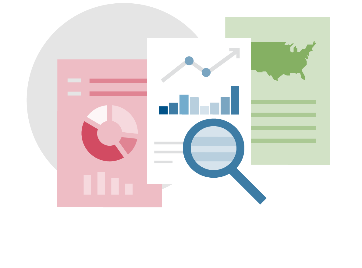 Illustration of 3 documents with data graphics